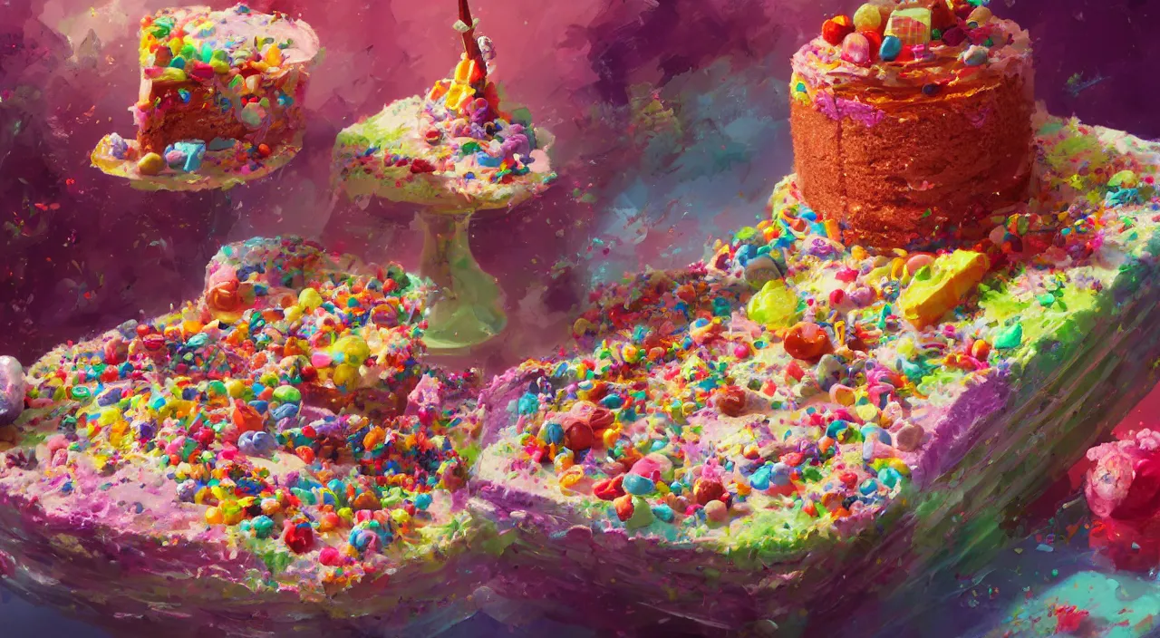 Image similar to a colorful digital painting of a cake with lots of sweets on it, by greg rutkowski and james gurney, trending on artstation