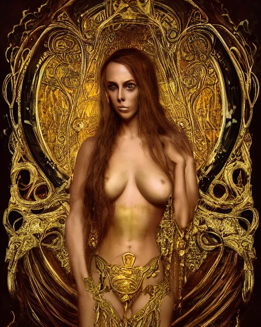 Image similar to concept art, Nicole Aniston, beautiful, frank frazetta, ornate, art nouveau, symmetrical, gold jewelry, high contrast, unbiased render, Emil melmoth, eerie, haunting, victorian, 8k, octane render, style of Gustav Klimt, head and shoulders