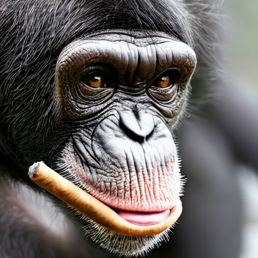 Image similar to a high detail closeup shot of a chimp wearing a suit and smoking a cigar