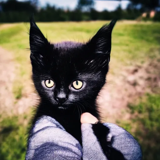 Image similar to a photo of a black kitten in the countryside taking selfies, hyperrealism, bokeh, ultrafine detail, photo taken with nikon d 7 5 0