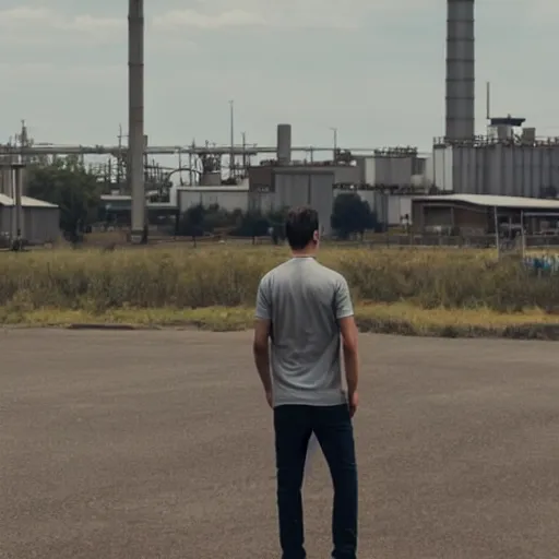 Prompt: a guy in a grey shirt and blue jeans with black hair and no facial hair looking in the distance to see a factory ( high detailed, greatly illustrated, good quality photo shot, amazed details and uhd cinematic movie shot )