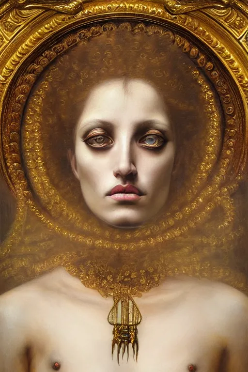 Image similar to hyper realistic painting portrait of madness queen, occult diagram, elaborate details, detailed face, intrincate ornaments, gold decoration, occult art, oil painting, art noveau, in the style of roberto ferri, gustav moreau, jean delville, bussiere, andrew gonzalez