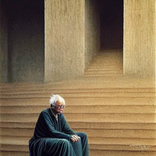 Image similar to a coherent award - winning beautiful!!! portrait of a calm bernie sanders!, sitting on curious temple stairs, painted by zdzislaw beksinski