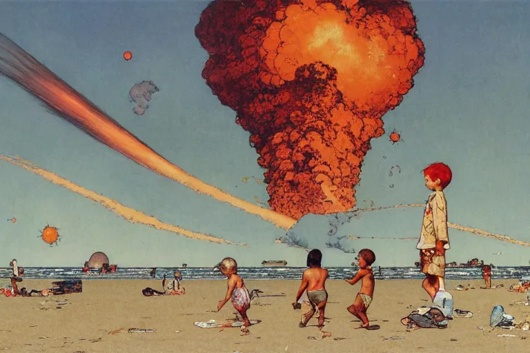 Image similar to children playing at the beach, huge atomic explosion in the background, wide angle shot, oil on canvas by norman rockwell, by mattias adolfsson, by moebius and satoshi kon, hd, 4 k, high quality,