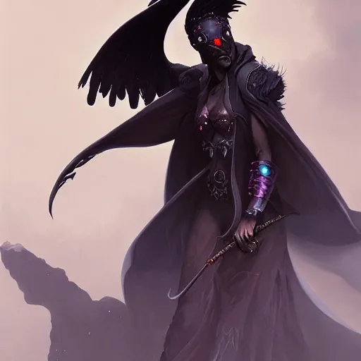 Image similar to character portrait of a modest robed dark raven angel with iridescent black raven wings, by Peter Mohrbacher, Mark Brooks, Jim Burns, Wadim Kashin, Greg Rutkowski, trending on Artstation