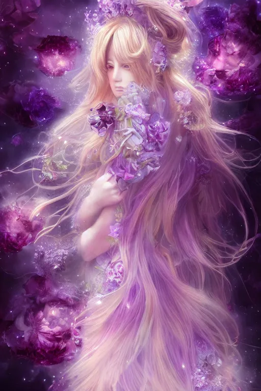 Prompt: 4k detailed portrait of a beautiful intimate woman with long purple cosmic hair and a beautiful celestial dress made of flowers, by Ayami Kojima. Anime, volumetric lighting, trending on artstation