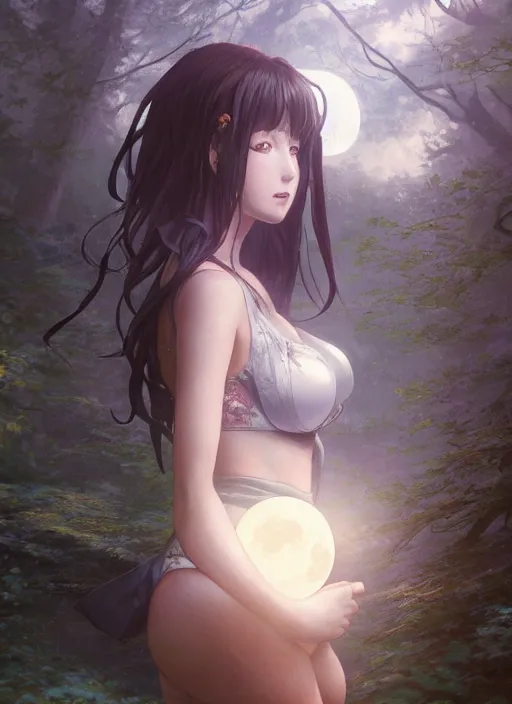 Prompt: portrait of a beautiful anime girl in front of the full big moon in a fantasy forest, black leather bra, by james gurney, max liebermann, greg rutkowski, highly detailed digital art, artstation