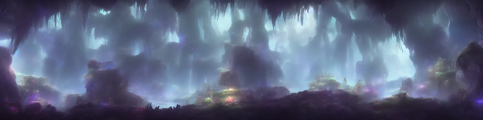 Prompt: huge crystal cave with cinematic lighting in the style of ori and the blind forest, highly detailed, digital art 4k, 8k