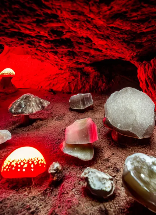 Image similar to photo of cave with giant crystals glowing and giant red mushrooms, realistic, sharp focus, 8 k high definition, insanely detailed, intricate, elegant