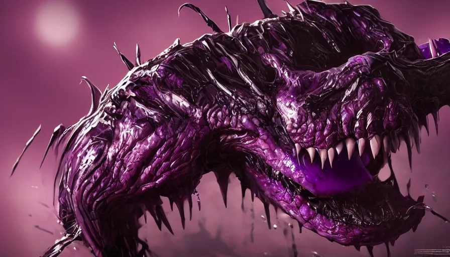 Image similar to purple venom with long sharp teeth, hyperdetailed, artstation, cgsociety, 8 k