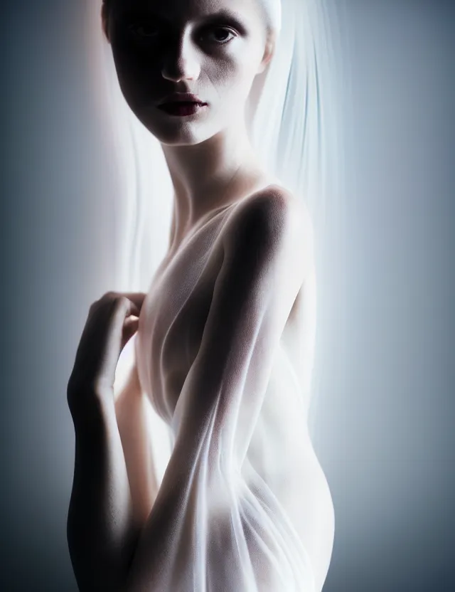 Prompt: kodak portra 4 0 0 photo portrait of a beautiful woman in style of paolo roversi, lightpainting motion blur, dress in white, elegant, soft coloured gel lighting, black background, highly detailed, sharp focus, ethereal, out worldly colours, emotionally evoking, head in focus, soft blur coloured gel light dreamy, volumetric lighting