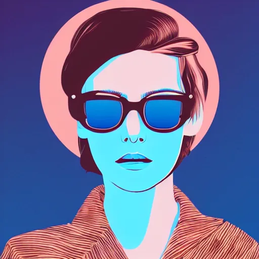 Image similar to a woman with light blue shutter shades in front of a sunset, a dark brown leather jacket, one side brown haircut with blue ends, vector art by jan tengnagel, pixabay contest winner, retrofuturism, retrowave, synthwave, outrun, portrait, synthwave