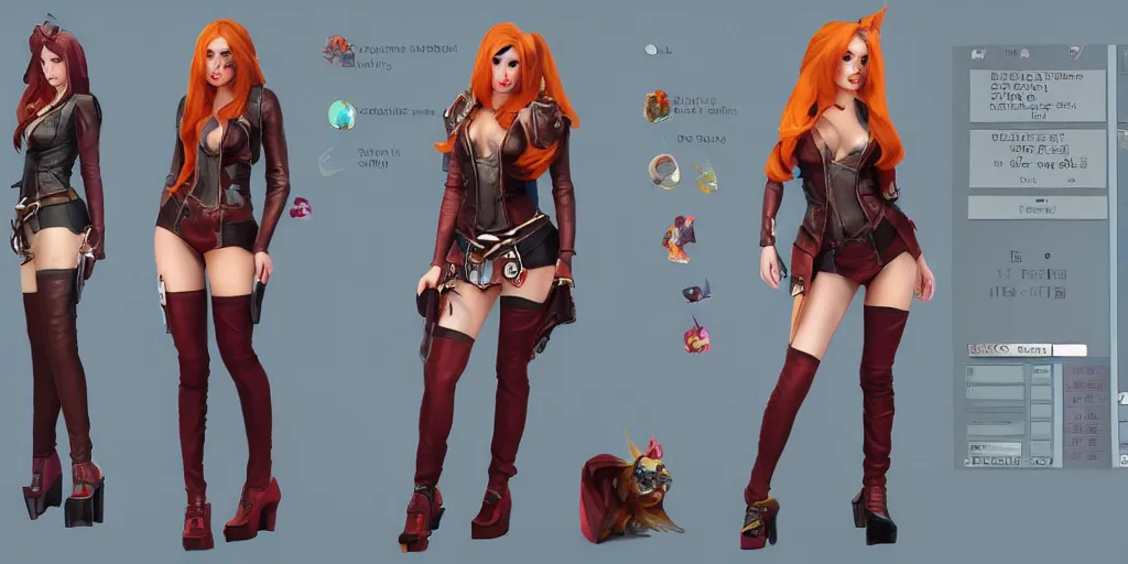 Image similar to character sheet of Sophie Turner dressed as miss fortune as a character in the game League of Legends, with a background based on the game League of Legends, 3d render, octane render, iRay, ray tracing, realistic, highly detailed, trending on artstation, 4k, cgsociety, unreal engine 5, redshift render, blender cycles, behance, cg