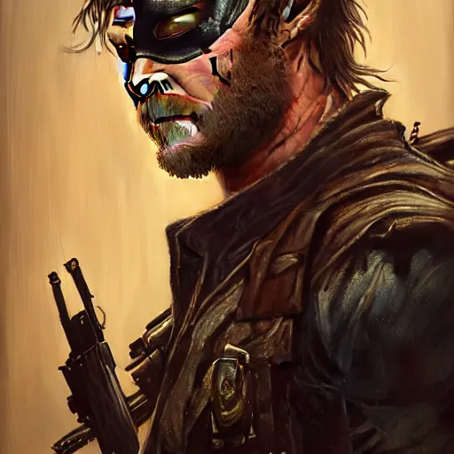 Image similar to Chris Hemsworth with an eye patch as Venom Snake, western, D&D, fantasy, intricate, elegant, highly detailed, digital painting, artstation, concept art, matte, sharp focus, illustration, art by Artgerm and Greg Rutkowski and Alphonse Mucha