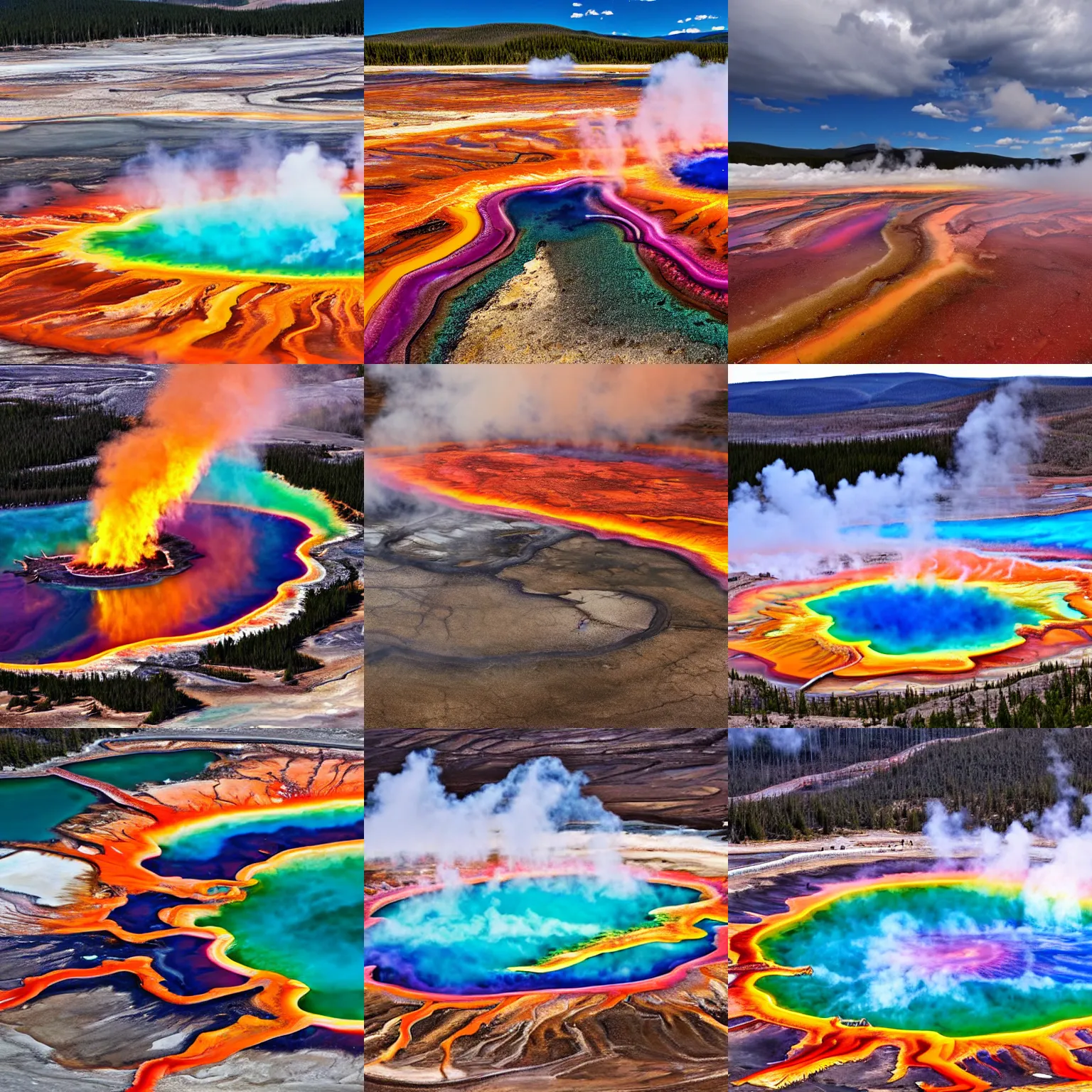 Prompt: grand prismatic spring eruption dinosaur