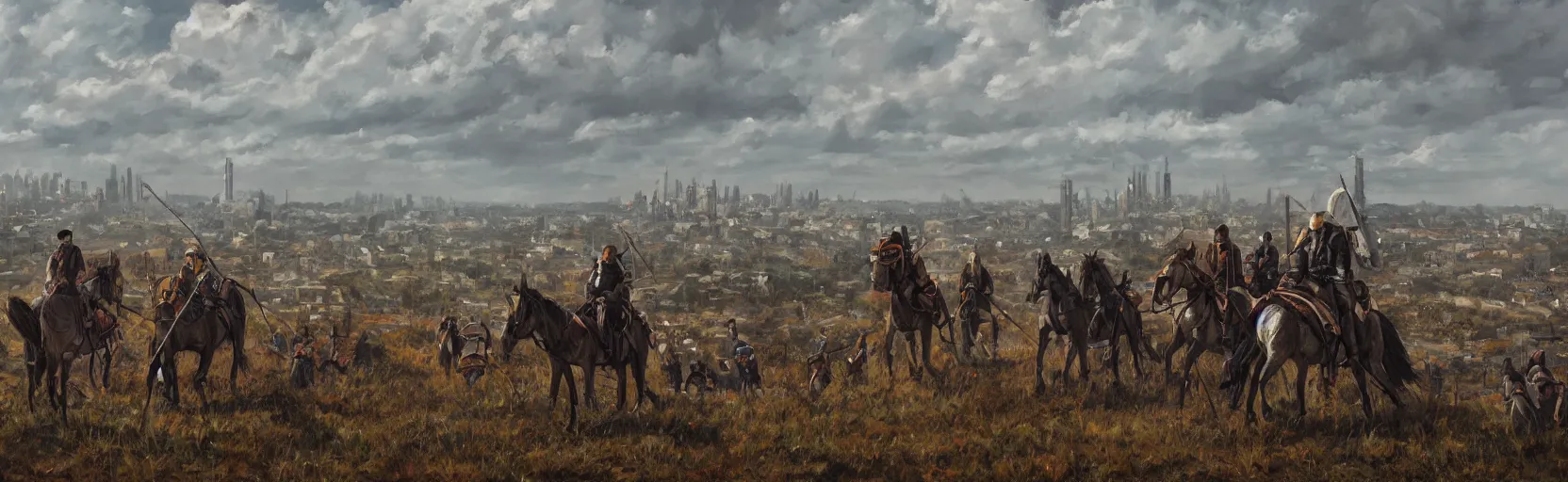 Prompt: horseback knights at scenic overlook; cloudy, grey skies, tent camp in foreground, fortress city of deteriorating office buildings in background upon hill, post apocalyptic, grungy; oil on canvas, artstation