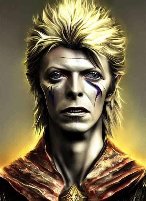 Image similar to masterpiece portrait david bowie, dark souls style, warrior, gael knight, ashen warrior, detailed portrait, fantasy character portrait, top lighting, hyper detailed, digital painting, 8 k realistic, hyper detailed, realistic shaded, perfect face, artstation,