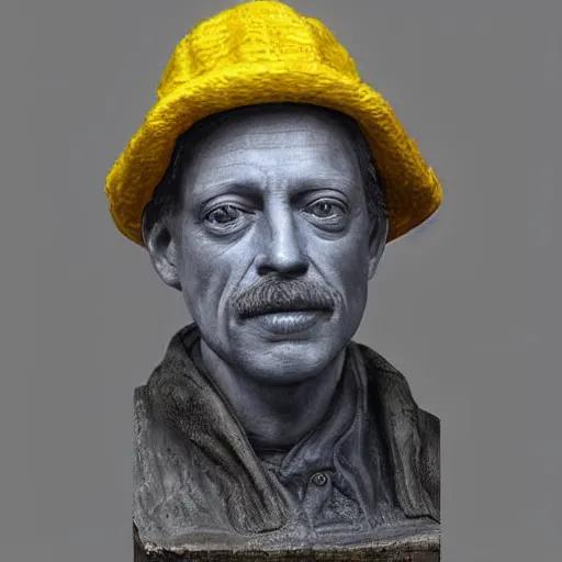 Image similar to hyper realistic closeup bust of a new england fisherman, wearing a yellow fisherman's hat, steve buscemi, painted, colorized, bossons vintage chalkware, by emile renouf