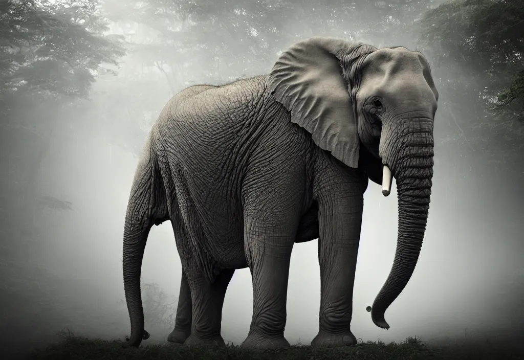 Image similar to an elephant king, his trunk is a tentacle from an octopus, in a jungle with ominous light from above, ambient light, fog, river