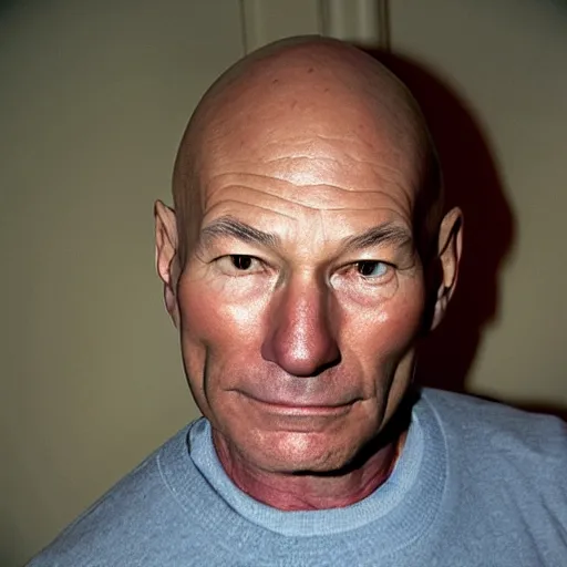 Image similar to grainy photo of patrick stewart as a creepy monster in a closet, harsh flash