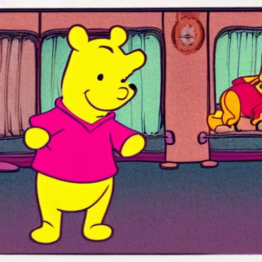 Prompt: photograph of Winnie the Pooh and The Pink Panther in a strip club