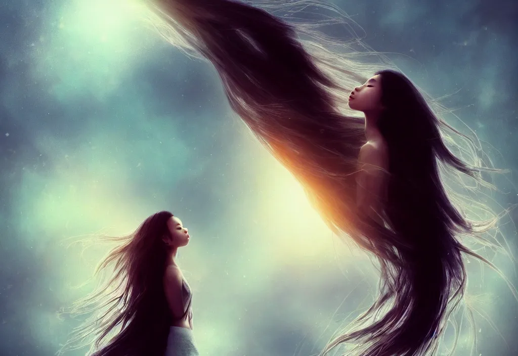 Prompt: a thin, pretty young Filipino woman with long hair floats dramatically in the air in a dreamy world in the distance, her face is in shadow, eyes closed, very beautiful, inspiring, hopeful, dramatic lighting, abstract digital art, trending on artstation