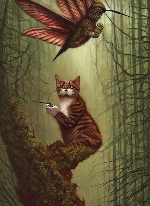 Image similar to a hyper realistic illustrated cat with playing with a hummingbird on its paw in the woods gorgeous lighting, k _ lms lush forest foliage painting by chiara bautista and beksinski and norman rockwell and greg rutkowski weta studio, and lucasfilm