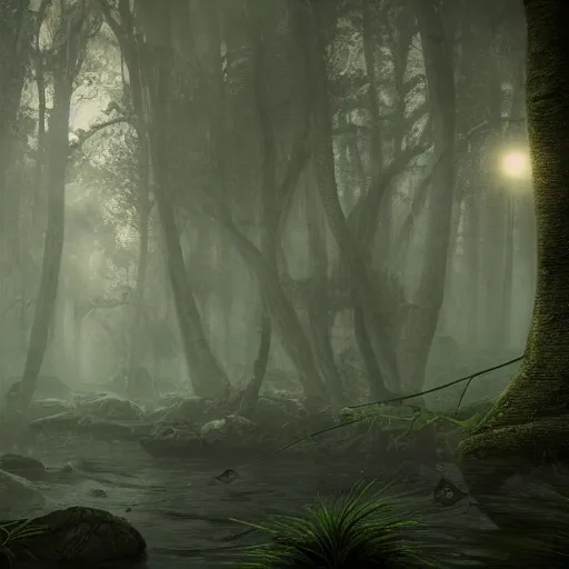 Prompt: night on dagobah, 4k, realistic, mysterious