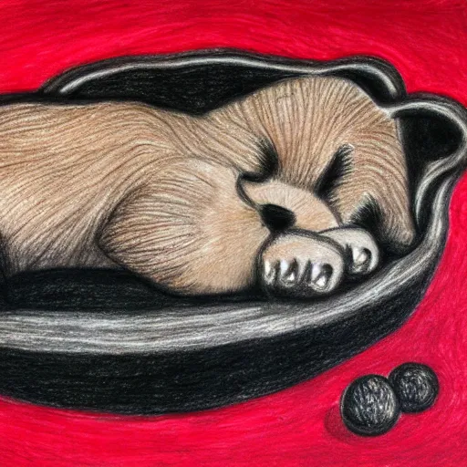 Image similar to drawing of a cubs sleeping in wet black oil, red ballpoint pen, outsider art style