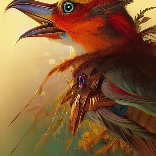 Image similar to colorful bird golden eyebrows, golden crown, dark, rusty, fantasy forest, highly detailed, realistic, artstation, concept art, smooth, sharp focus, illustration, art by artgerm and greg rutkowski and alphonse mucha