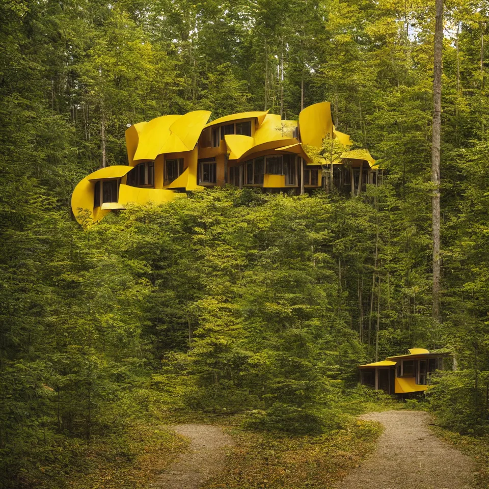 Image similar to a house in a taiga forest clearing from afar, designed by Frank Gehry. Tiles. Gravel pathway with parking. Film grain, cinematic, yellow hue