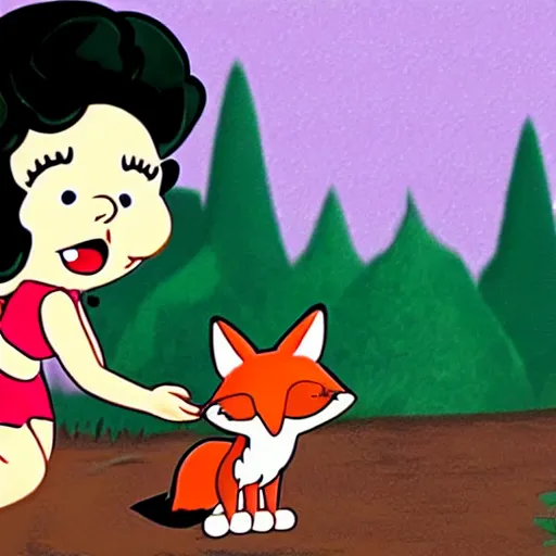 Image similar to betty boop riding a fox through the woods, cartoon, high definition