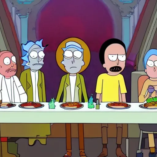 Prompt: rick and morty tv show characters in the last supper