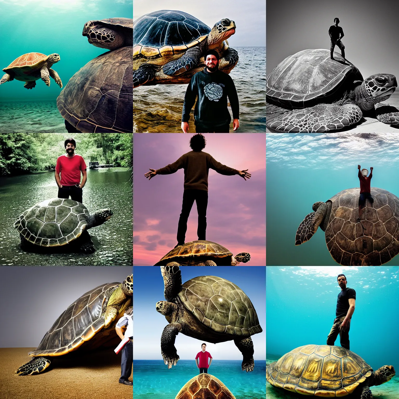 Prompt: award wining photograph of a man standing on a giant, enormous, very big turtle