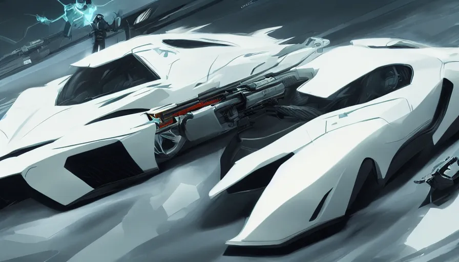 Prompt: concept art of white ferrari with railgun on each side and propulsor in the back, hyperdetailed, artstation, cgsociety, 8 k