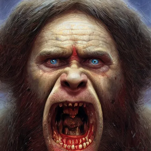 Image similar to vladimir putin, putin is bald caveman, vladimir putin awe face, toothless horror macabre face, clown nose, by donato giancola and greg rutkowski and wayne barlow and zdzisław beksinski, realistic face, digital art