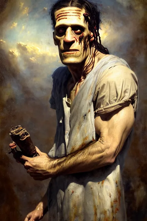 Image similar to photograph imax and solomon joseph solomon and richard schmid and jeremy lipking victorian loose genre loose painting full length portrait painting of frankenstein