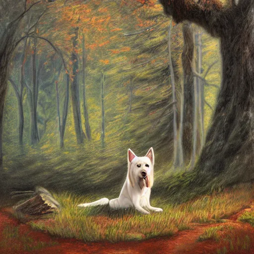 Prompt: a painting of a dog in the woods, an album cover by terry redlin, deviantart, furry art, official art, storybook illustration, hyper realism