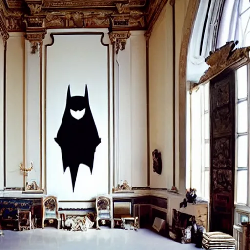 Image similar to Batman standing in giant Italian modern castle living room, clean minimalist design, that is 1300 feet tall, with very tall giant walls filled with modern art paintings, doors that are cosmic portals, photo by Annie Leibovitz