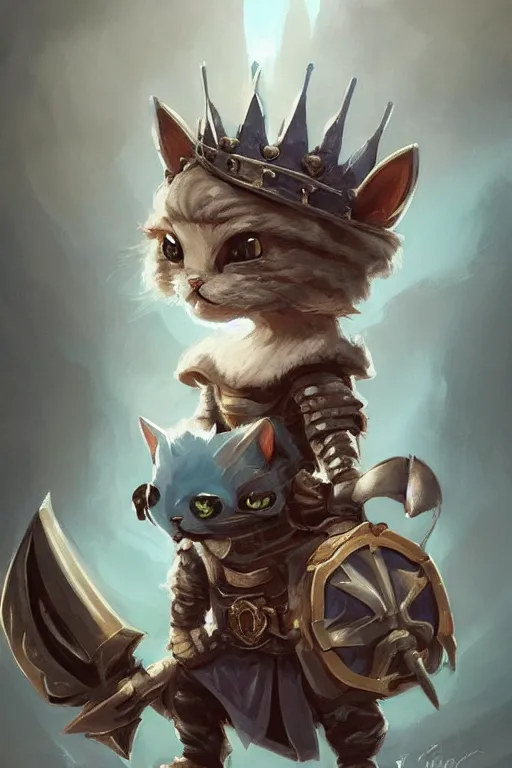 Image similar to cute little anthropomorphic cat knight wearing a cape and a crown, tiny, small, miniature cat , baby animal, short, pale blue armor, cute and adorable, pretty, beautiful, DnD character art portrait, matte fantasy painting, DeviantArt Artstation, by Jason Felix by Steve Argyle by Tyler Jacobson by Peter Mohrbacher, cinematic lighting