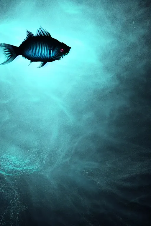 Prompt: an abyssal lumininescent scary fish swimming in the dark depths of the ocean, horror, dark art, 3 d render, digital art, digital painting, volumetric light.