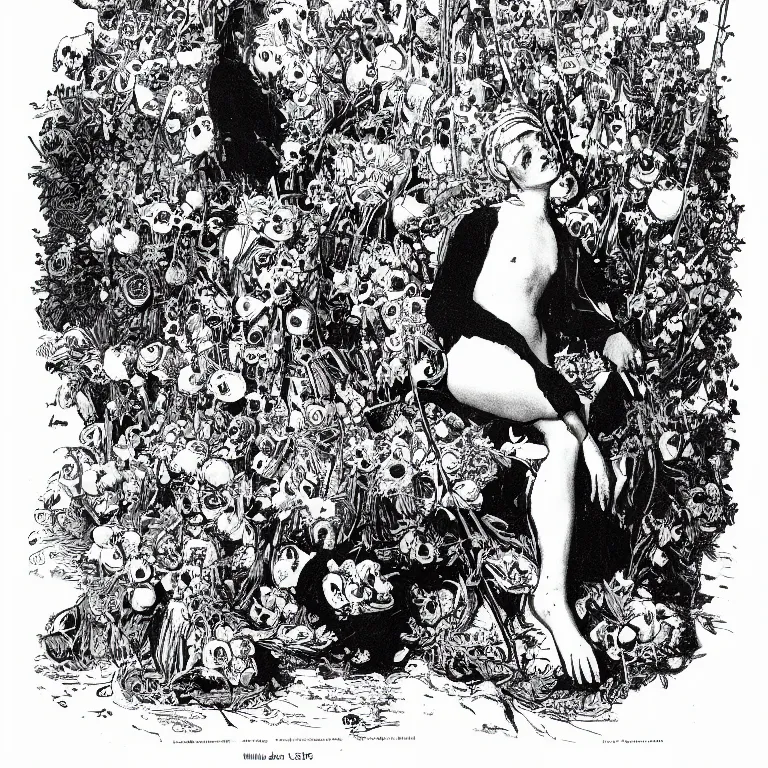 Image similar to a walther caspari illustartion in lustige blatter in 1 8 9 9 of a young goddess sitting on a conical pile of small skulls with huge flowers on tall stalks behind her, black and white pen an ink drawing