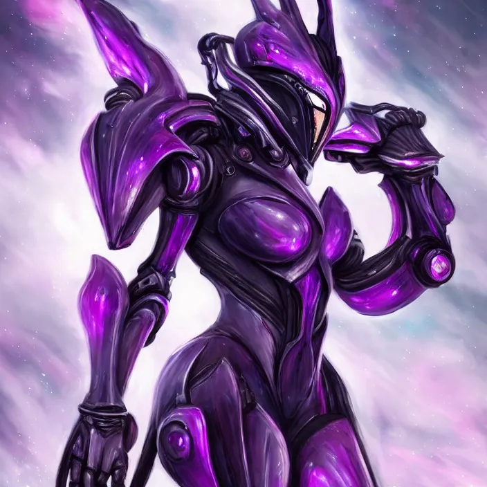 Image similar to cinematic close shot, cosmic sized proportional stunning beautiful hot female warframe, detailed robot mecha female dragon head, metal ears purple eyes, sleek silver armor, fuschia skin, floating in empty space, nebula sized, posing elegantly, epic proportions, epic size, epic scale, furry art, dragon art, giantess art, warframe fanart, furaffinity, deviantart