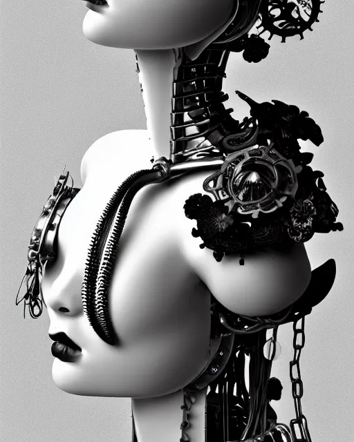 Image similar to black and white dreamy foggy smoky profile face portrait, one silver steampunk eye biomechanical beautiful young female cyclope - cyborg - robot bust, body ribs meshes,, volumetric light, hibiscus flowers, by hg giger, rim light, by dora maar and cecile beaton, big gothic fashion pearl embroidered collar, 8 k