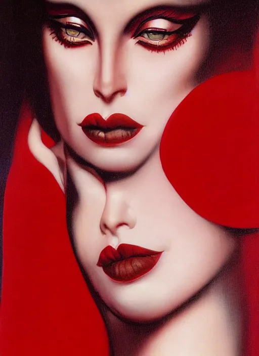 Image similar to an 8 0 s portrait of a woman with dark eye - shadow and red lips with dark slicked back hair dreaming acid - fueled hallucinations by serge lutens, rolf armstrong, delphin enjolras, peter elson, red cloth background