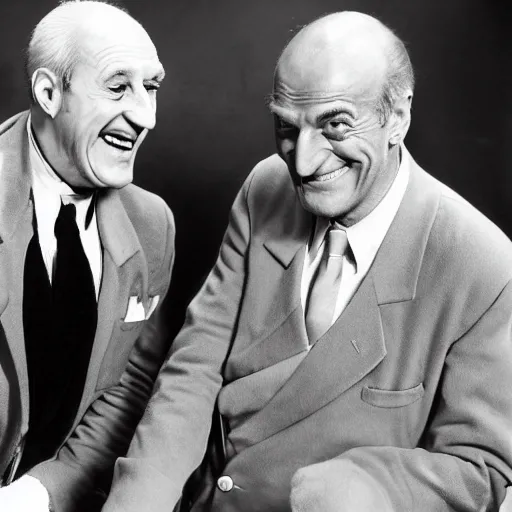 Prompt: Bourvil and Louis de Funès laughing out loud