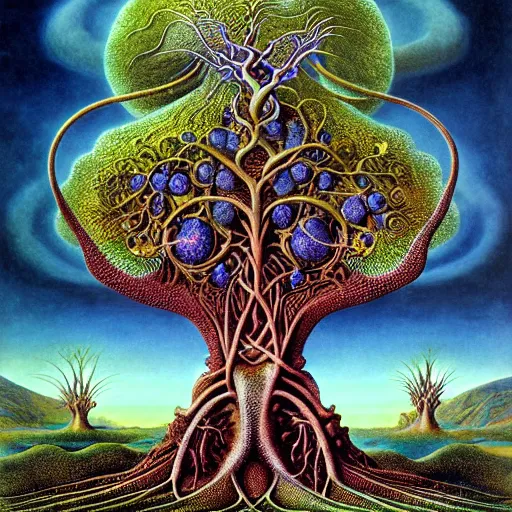 Image similar to sacred mulberry tree by roger dean and andrew ferez, art forms of nature by ernst haeckel, divine chaos engine, symbolist, visionary, art nouveau, botanical fractal structures, tree of life, lightning, detailed, realistic, surreality, lichtenberg figure