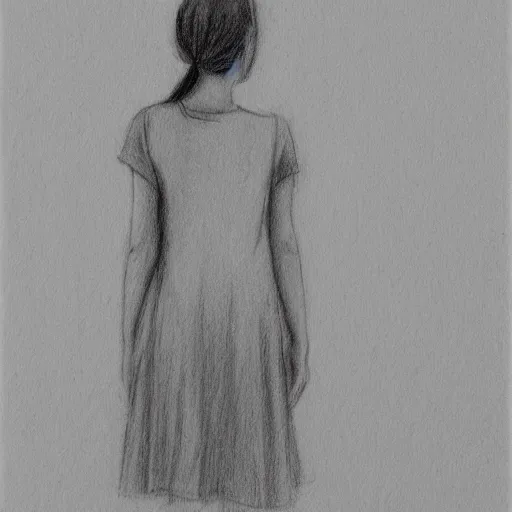 Image similar to pencil sketch of girl standing in field, peaceful, calm, serene