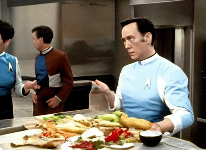 Image similar to film still of Data working as a short order cook in Star Trek the Next Generation