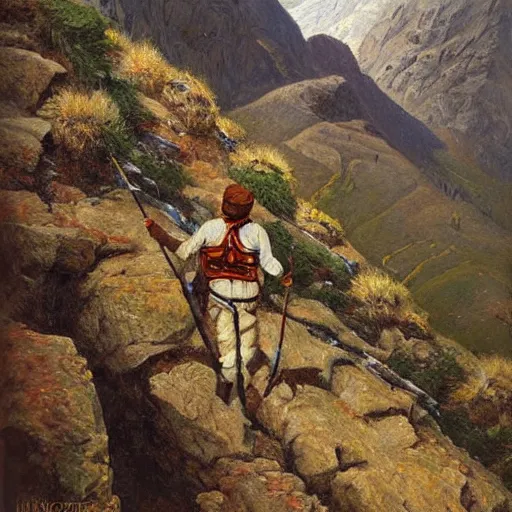 Prompt: kurdish mountaineer hiking up a massive kurdish mountain, beautiful painting by henry justice ford, incredible detail, award winning art